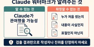 Claude 관여 가능성은 알 수 있지만 최초 작성자, 사실 여부, 표절 여부는 확정할 수 없다는 설명 도식